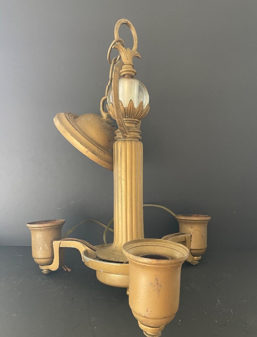 Vintage 3 Arm 1920s/1940s Art Deco Neoclassical Brass Pan Chandelier Glass Ball